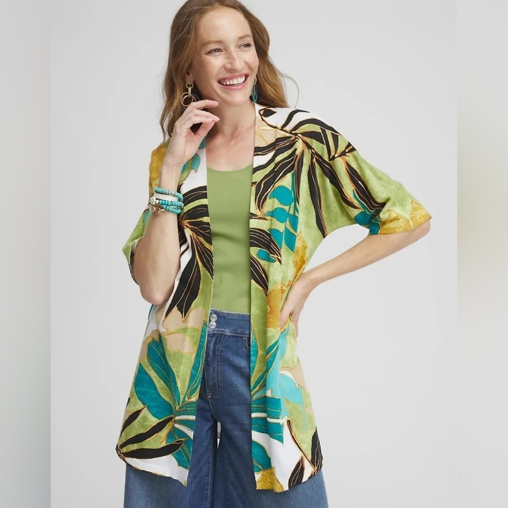 Chico's 0 Summer Romance Palms Midi Open Oversized Cardigan Sz Small New